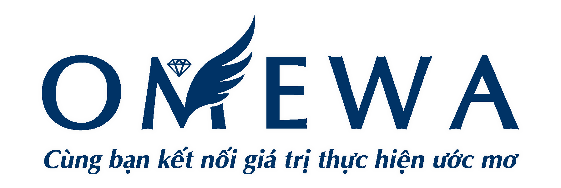 Logo OMEWA nền trong suốt sologan xanh dương