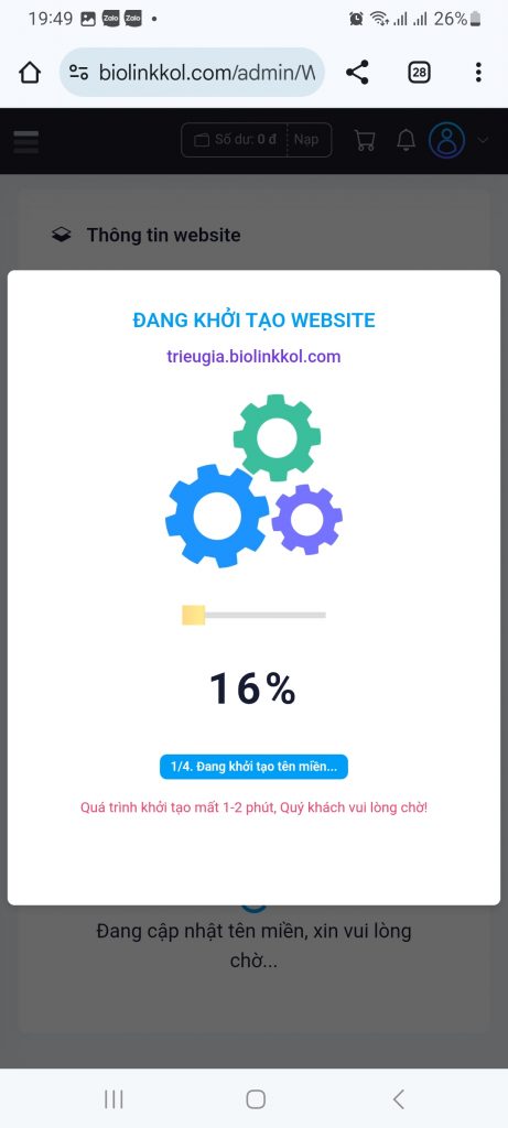 Hệ thống đang tiến hành tạo website mới