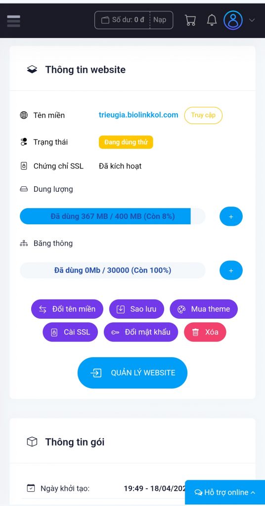 Trang quản lý thông tin website